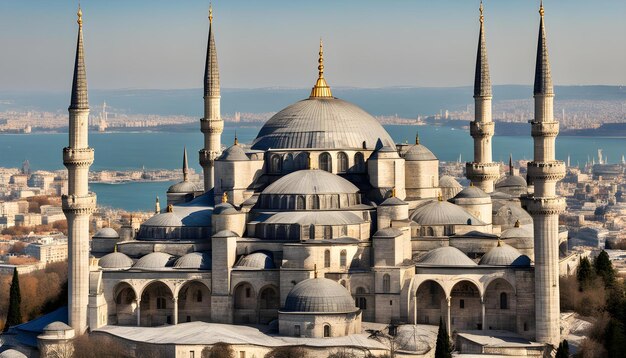 un grande edificio con una grande cupola e un gran edificio con un'acqua blu dietro di esso