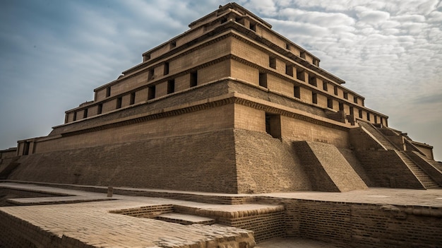Un grande edificio con una grande struttura in pietra al centro e la parola piramide in cima.