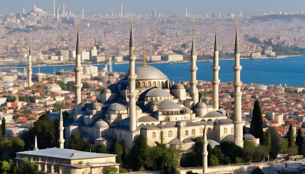 un grande edificio con una moschea blu e bianca in cima