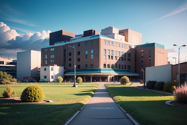 Un grande edificio ospedaliero con un marciapiede e un passaggio pedonale con su scritto "ospedale".