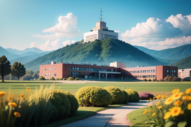 Un grande edificio su una collina con una montagna sullo sfondo