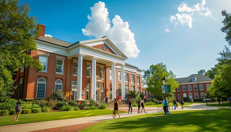 Foto un grande edificio universitario con un cartello che dice università d'america