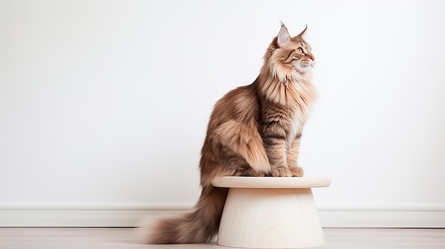 Un grande gatto adulto marrone Maine Coon si siede su uno sgabello di faggio di legno chiaro e guarda nella cornice sullo spazio per copiare