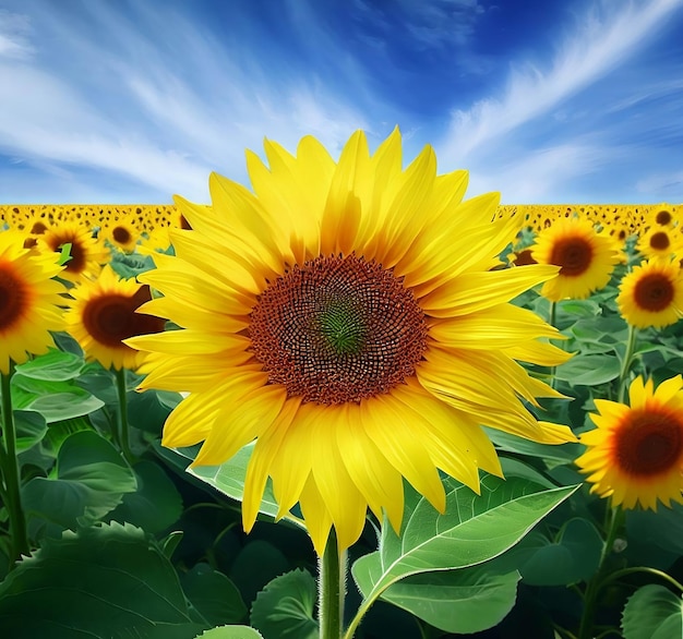 Un grande girasole giallo è circondato da un campo di girasoli.