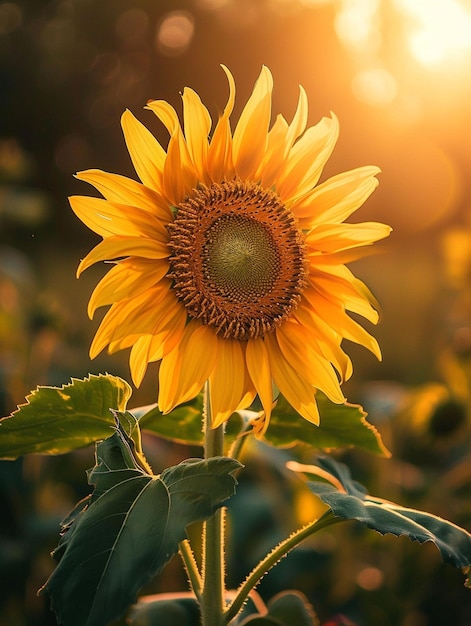 Un grande girasole in piedi in un campo di girasoli