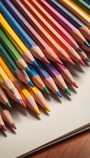 un grande gruppo di matite colorate sono allineate su un tavolo bianco