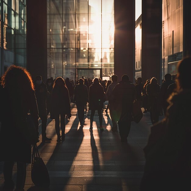 un grande gruppo di persone che camminano in un grande edificio con il sole che splende su di loro