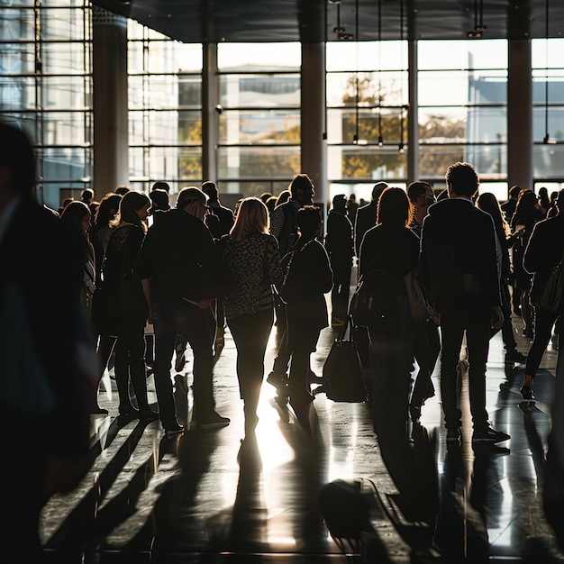 un grande gruppo di persone sta camminando in una grande stanza