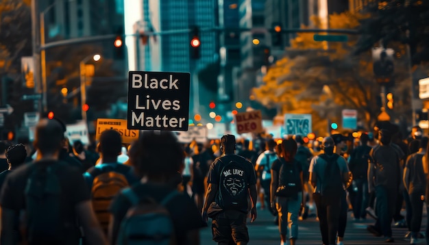 Un grande gruppo di persone sta protestando per Black Lives Matter