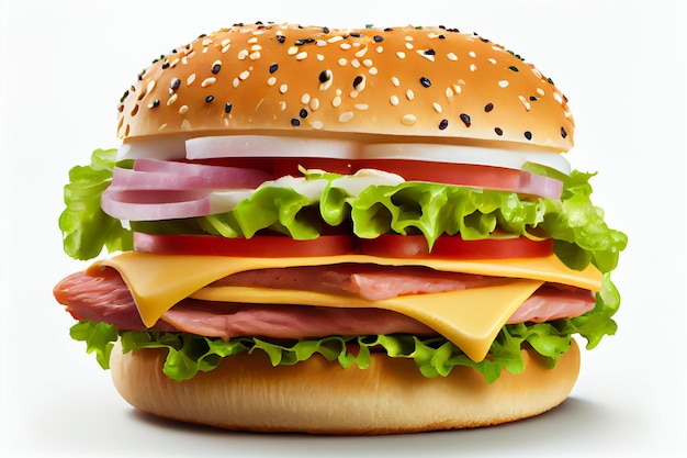 Un grande hamburger con sopra carne, formaggio e pomodoro.