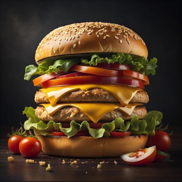 Un grande hamburger con sopra lattuga, pomodoro e lattuga.