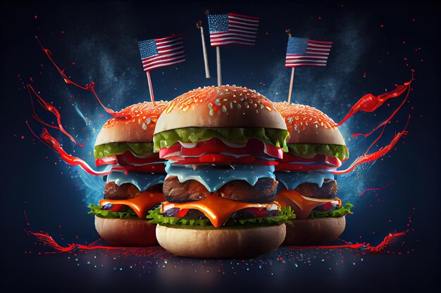 Un grande hamburger con tre succose polpette di manzo legate con spiedini di fuochi d'artificio della bandiera americana Generative Ai
