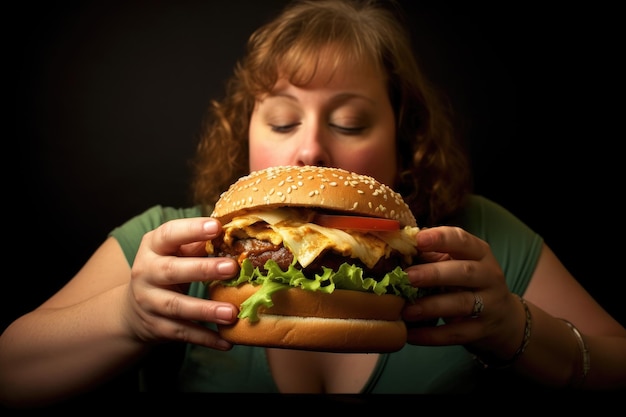 Un grande hamburger e una donna in sovrappeso Consapevolezza dell’obesità come risultato di abitudini alimentari non salutari e consumo di fast food AI generativa