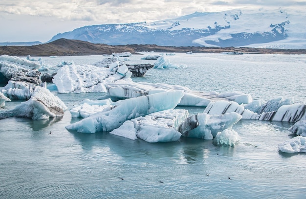 Un grande iceberg che galleggia in uno specchio d'acqua con le montagne sullo sfondo.