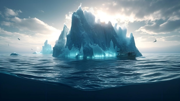 Un grande iceberg che galleggia nell'oceano con un cielo nuvoloso dietro di esso.