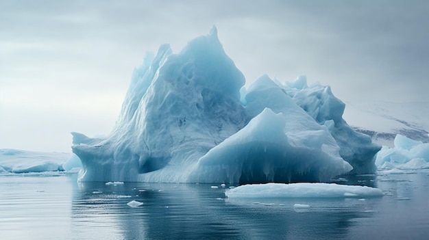 Un grande iceberg che galleggia nell'oceano con un cielo nuvoloso sullo sfondo.