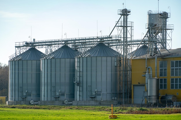 Un grande impianto moderno per lo stoccaggio e la lavorazione di colture di grano vista del granaio in una giornata di sole Grandi botti di ferro di silos d'argento per cereali su impianto di produzione agricolo per la lavorazione e l'essiccazione