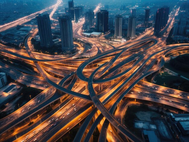 Un grande incrocio autostradale con un paesaggio urbano sullo sfondo.