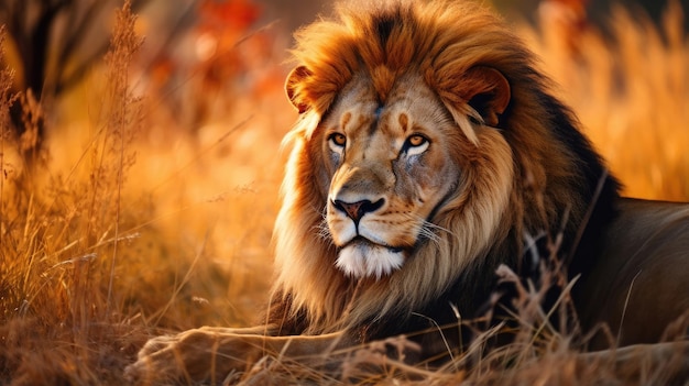 Un grande leone ben nutrito si gode la vita e giace nell'erba gialla