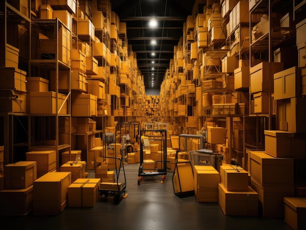 Un grande magazzino con pile multiple di scatole, pacchi e merci è illuminato da una lampada a sospensione Generative AI