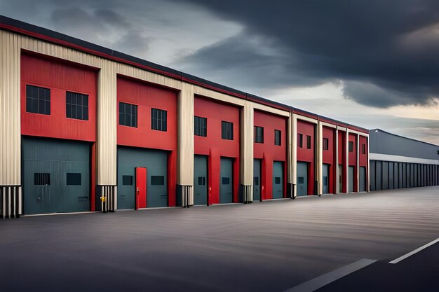 un grande magazzino con una porta rossa e un cielo nuvoloso scuro.