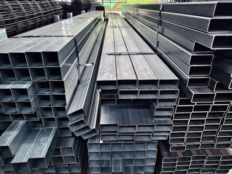 Un grande magazzino pieno di numerose reti metalliche e profili