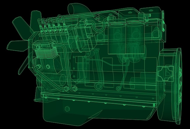 Un grande motore diesel con il camion raffigurato nelle linee di contorno su carta millimetrata