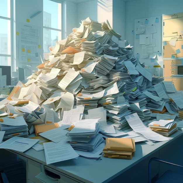 Un grande mucchio di documenti e file in un ufficio disordinato