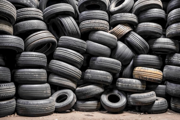 Un grande mucchio di vecchi pneumatici usati nel magazzino Il problema dell'inquinamento ambientale