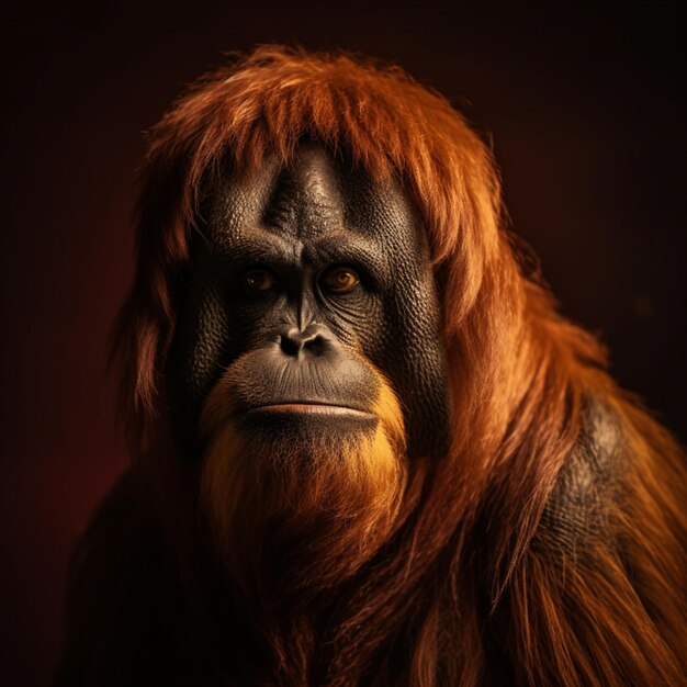 Un grande orangutan con uno sfondo nero e uno sfondo rosso.