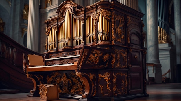 Un grande organo con un grande organo a canne sullo sfondo.