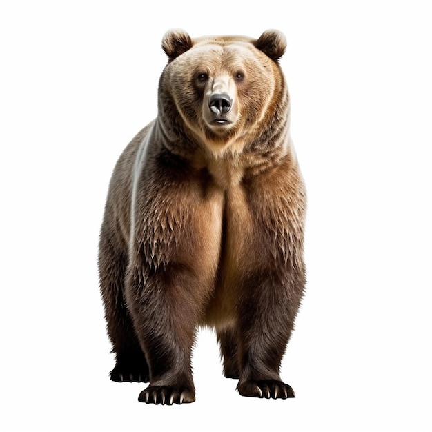 Un grande orso bruno è in piedi davanti a uno sfondo bianco.