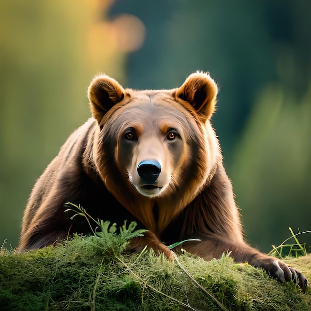 Un grande orso bruno giace su una collina erbosa.