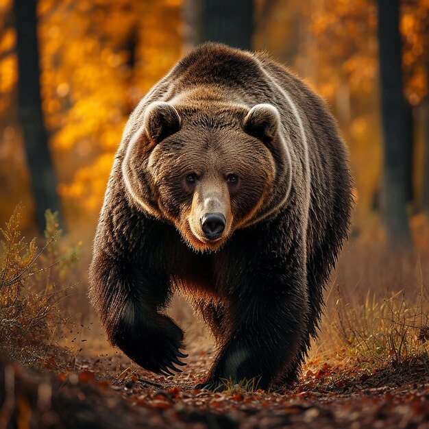 Un grande orso marrone che passeggia attraverso una foresta d'autunno