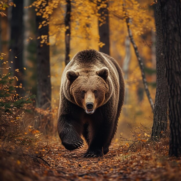 Un grande orso marrone che passeggia attraverso una foresta d'autunno