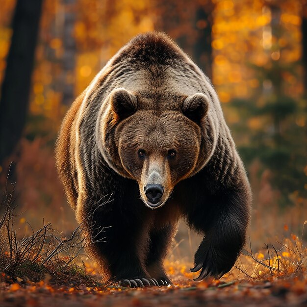 Un grande orso marrone che passeggia attraverso una foresta d'autunno