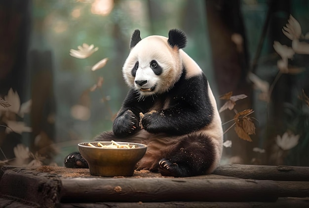 un grande orso panda è seduto a terra e lecca un contenitore