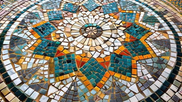 Un grande pavimento di piastrelle di mosaico intricato crea un punto focale nella stanza con i suoi colori vivaci e