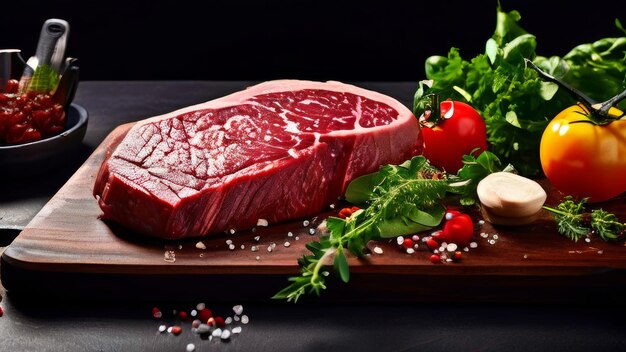 Un grande pezzo di buona carne di bistecca fresca giace su una tavola di legno con pomodori e insalata verde Prodotto