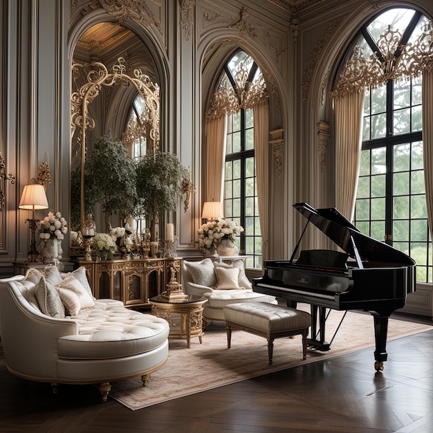 un grande pianoforte si siede in una grande stanza con un pianoforte nell'angolo