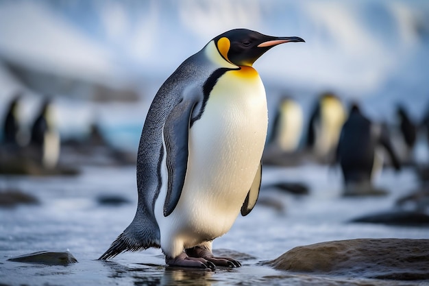 Un grande pinguino imperatore adulto si trova sulla riva generativa Ai