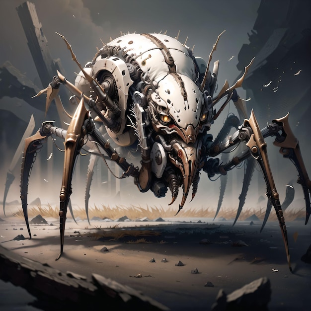 Un grande ragno con una faccia bianca è su uno sfondo scuro.
