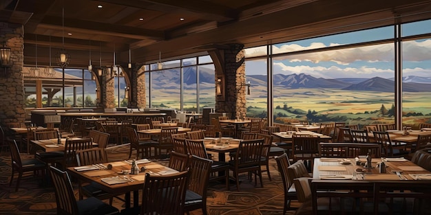 un grande ristorante con sedie e tavoli in pelle marrone nello stile di paesaggi luminosi