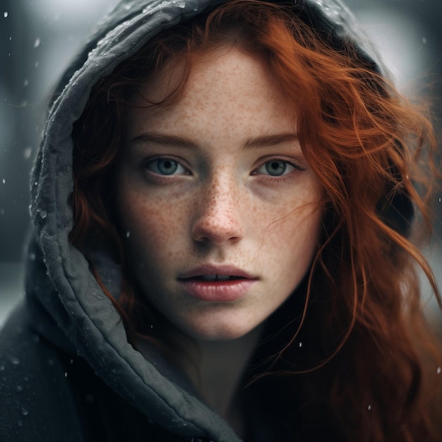 Un grande ritratto di una bella donna dai capelli rossi con i capelli lunghi
