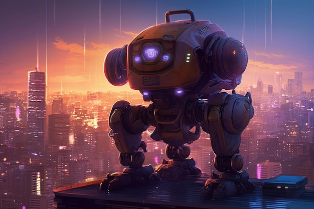 Un grande robot si erge in cima a un paesaggio urbano nello stile di illuminazione realistica disegno di personaggi di cartoni animati AI generativa