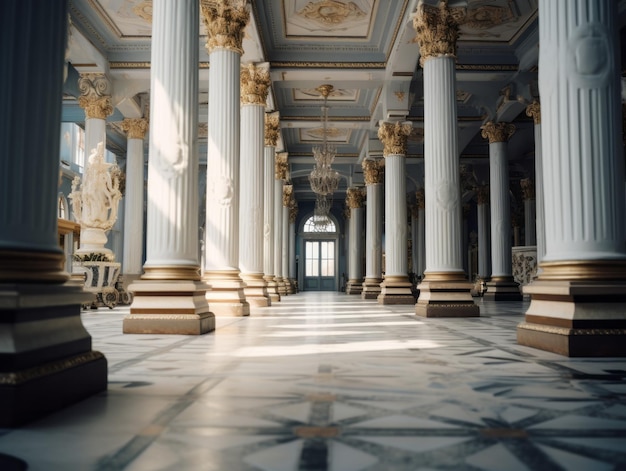 un grande salone con colonne e una stella in alto