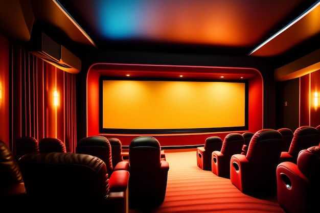 Un grande schermo in un home theater con una sedia rossa e un tappeto rosso.