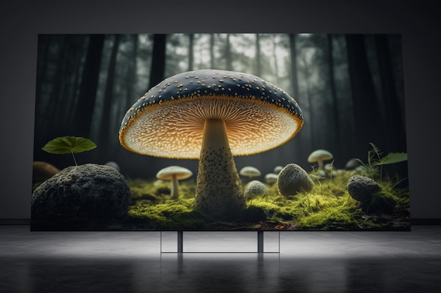 Un grande schermo televisivo con sopra un fungo sullo sfondo di una foresta.
