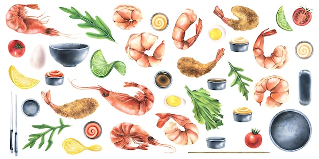 Un grande set con diversi gamberetti verdure piatti in ceramica e ingredienti Illustrazione ad acquerello della collezione SHRIMP Per la decorazione e la progettazione di menu ricette logo tessuti da cucina