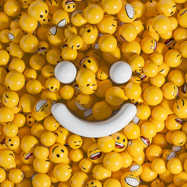 Un grande sorriso bianco riempito da piccole palline gialle di emozione. illustrazione di rendering 3D.